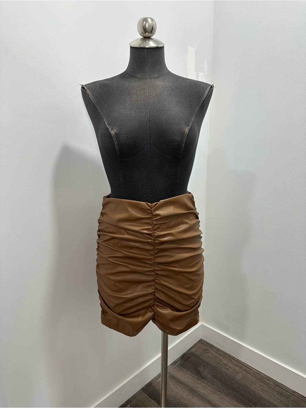 Promesa Brown Ruched Faux Leather Mini Skirt